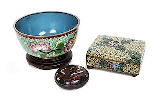 Three Chinese Cloisonne Enamel Articles, Diameter of first 4 5/8 inches.