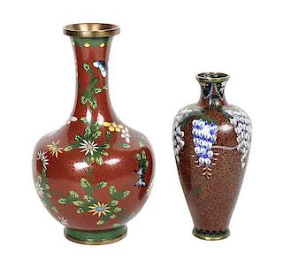 Two Cloisonné Enamel Vases, Height of taller 8 3/4 inches.