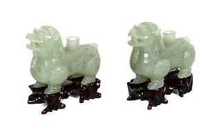 A Pair of Chinese Carved Hardstone Figural Censers, Width 4 1/2 inches.