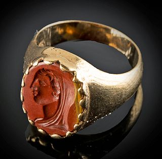 Roman 18K Gold Ring w/ Red Jasper Intaglio - 9.6 g