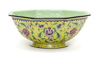 A Chinese Enameled Metal Bowl, Height 4 x diameter 9 1/4 inches.