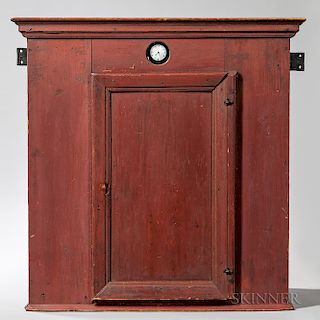 Rare Early Red-painted Pine Hanging Cupboard with Glazed Watch Window and Silver Pocket Watch
