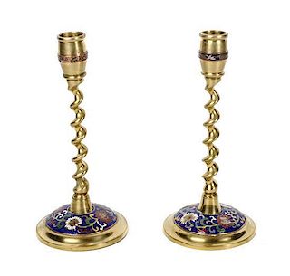 A Pair of Chinese Cloisonne Enameled Brass Candlesticks, Height 7 3/4 inches.