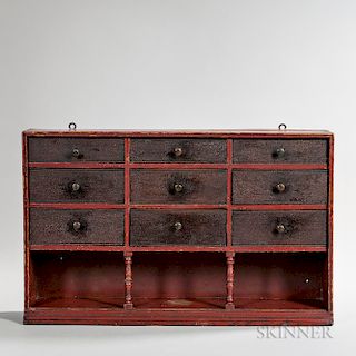 Red- and Brown-painted Compartmented Wall Shelf with Nine Drawers
