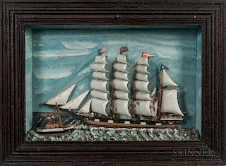 Polychrome Carved and Molded Putty Ship Diorama