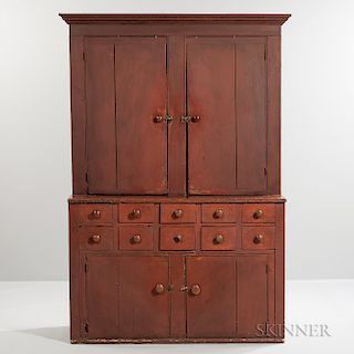 Red-painted Pine Step-back Cupboard