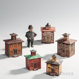 Five Small Cast Iron and Polychrome Painted Architectural Banks and a Police Officer Still Bank