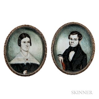 Henry Walton (American, 1804-1865)  Pair of Miniature Portraits of a Man and Wife