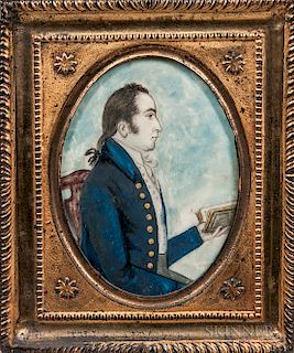 American School, Late 18th Century  Portrait of a Gentleman in a Blue Jacket Holding a Book