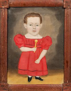 Erastus Salisbury Field (Massachusetts/New York, c. 1805-1900)  Portrait of a Dwarfed Boy in a Red Dress Holding a Rattle