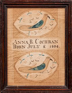 Attributed to Moses Connor Jr. (New Hampshire, act. 1800-1832)  Birth Record for Anna B. Cochran, Born July 6, 1804