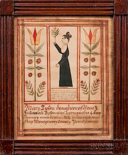 Polychrome Watercolor Fraktur Birth Record for Mary Tyson