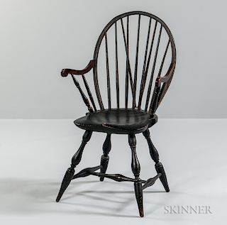 Black-painted Braced Bow-back Windsor Applied Armchair