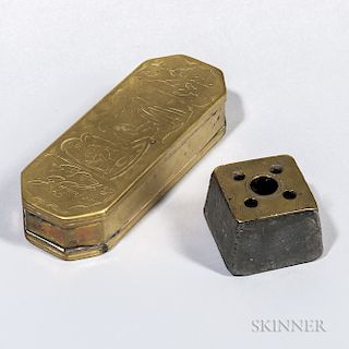 Early Brass and Lead Inkwell and Brass Tobacco Box