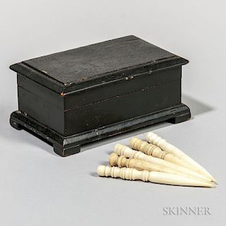 Miniature Black-painted Box with Five Turned Bone Bodkins
