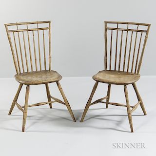 Pair of Light Green/gray-painted Rod-back Windsor Chairs