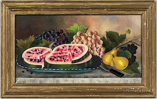 American School, 19th Century  Tabletop Still Life with Pears, Watermelon, and Grapes