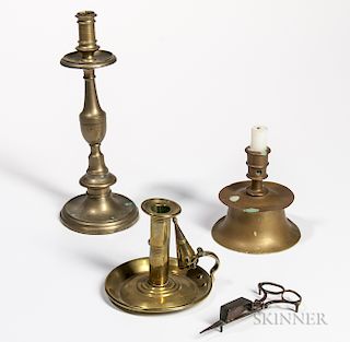 Two Brass Candlesticks, a Chamberstick, and a Pair of Snuffers