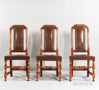 Three Maple Crook-back Leather Chairs