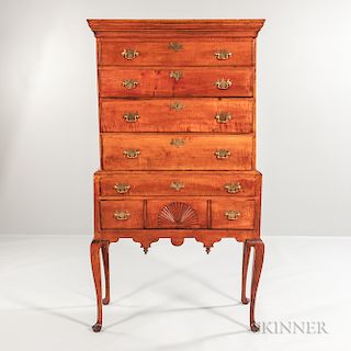 Tiger Maple Carved High Chest of Drawers