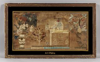 Large Ann Plato Needlework Picture of a House, Garden, and Flowers
