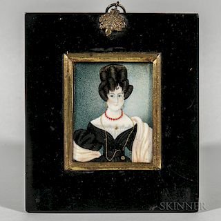 American School, Early 19th Century  Portrait Miniature of a Woman in Black Dress, Coral Beads, and a Long Chain