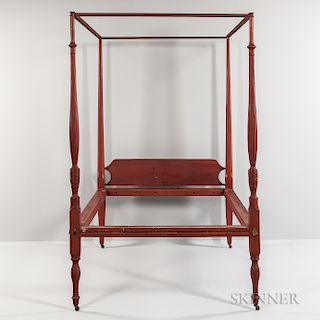 Red-painted Turned and Carved Maple Bed