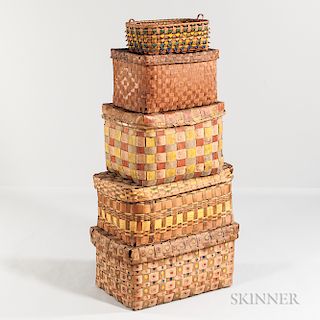 Stack of Five Native American Polychrome and Stamp-decorated Splint Baskets