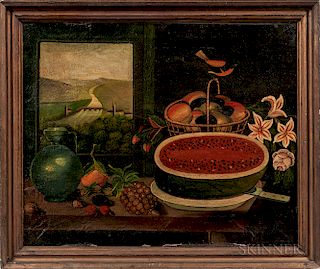 Probably European School, 19th Century  Still Life with Fruit, Bird, and a View Out a Window
