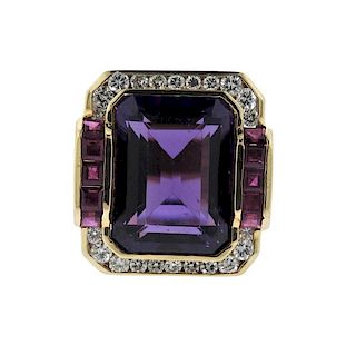 14K Gold Diamond Purple Stone Red Stone Ring