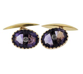 Antique 18K Gold Diamond Purple Stone Cufflinks 