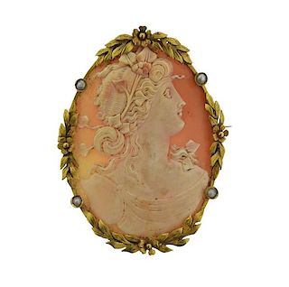Antique 18K Gold Pearl Shell Cameo Broock