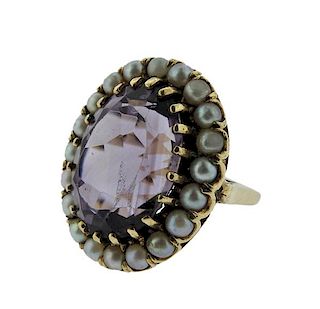 14K Gold Purple Stone Pearl Cocktail Ring