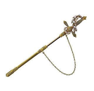 Antique Victorian 14K Gold Pearl Sword Jabot Pin
