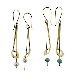 Jules Brenner 14K Gold Pearl Green Stone Earrings Lot of 4