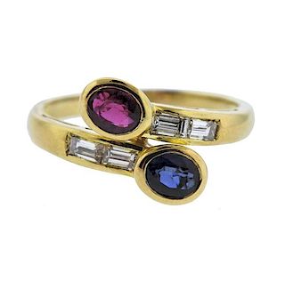 18K Gold Diamond Sapphire Ruby Bypass Ring