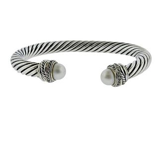 David Yurman Sterling Diamond Pearl Cuff Bracelet