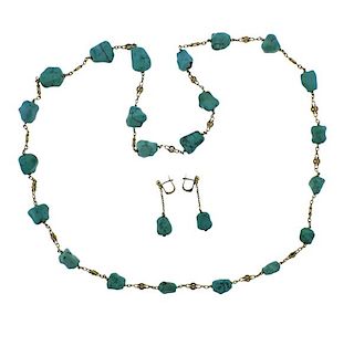 18K Gold Turquoise Necklace Earrings Set