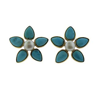 18k Gold Turquoise Pearl Earrings 