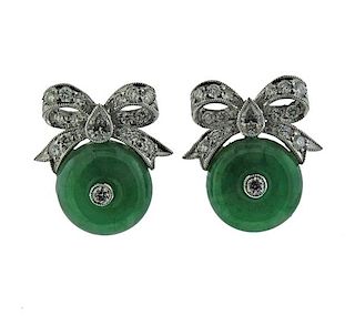 18K Gold Diamond Jade Bow Earrings