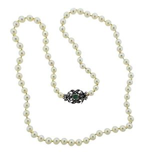 Antique 18K Gold Silver Diamond Emerald Pearl Necklace 