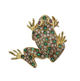18K Gold Diamond Red Green Stone Frog Pendant Brooch