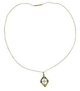 18K Gold Diamond Green Stone Pendant Necklace 