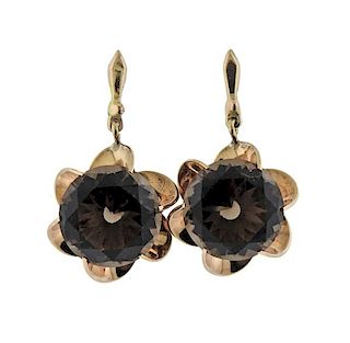 14K Gold Smoky Quartz Flower Earrings