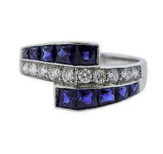 Platinum Diamond Sapphire Bypass Ring