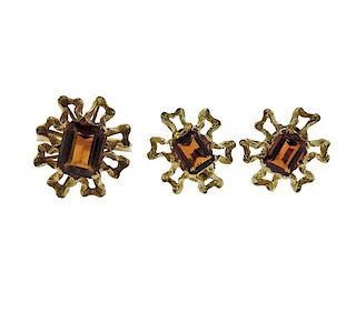 18k Gold Orange Stone Earrings Ring Set 