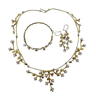 18K Gold Pearl Necklace Bracelet Earrings Set