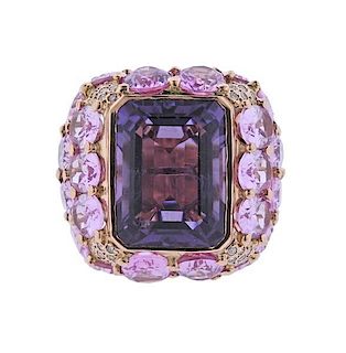 18K Gold Diamond Amethyst Pink Stone Cocktail Ring