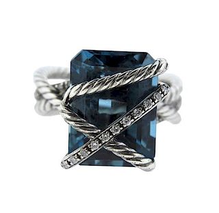 David Yurman Sterling Diamond 13.53ct Blue Topaz Ring
