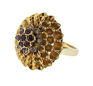 Mid Century 14K Gold Diamond Ruby Dahlia Flower Ring